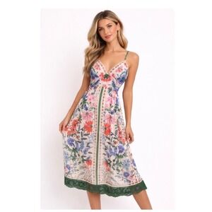 Midi Sundress Dress White Pink Blue Floral Crochet Lace Trim Smocked - Large NWT